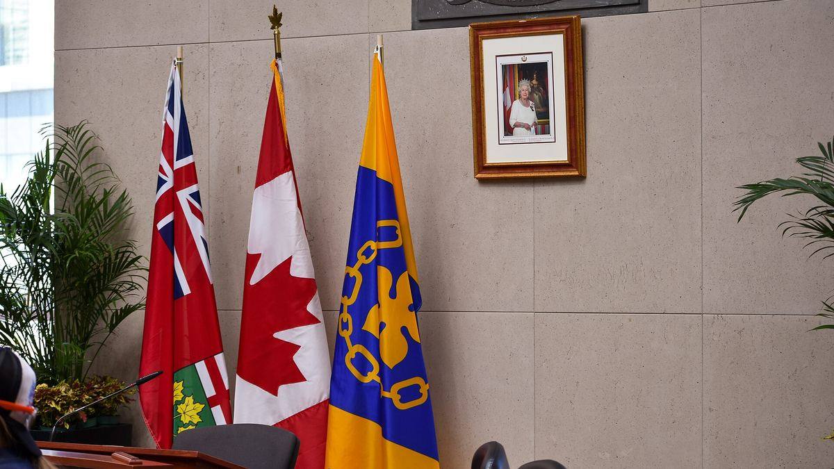 Flags of Canada and Ontario at a citizenship ceremony in Hamilton, Ontario