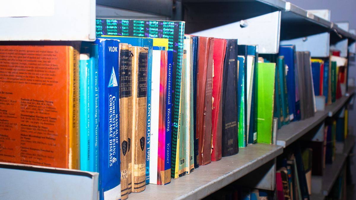 Law books on the shelves of a law library