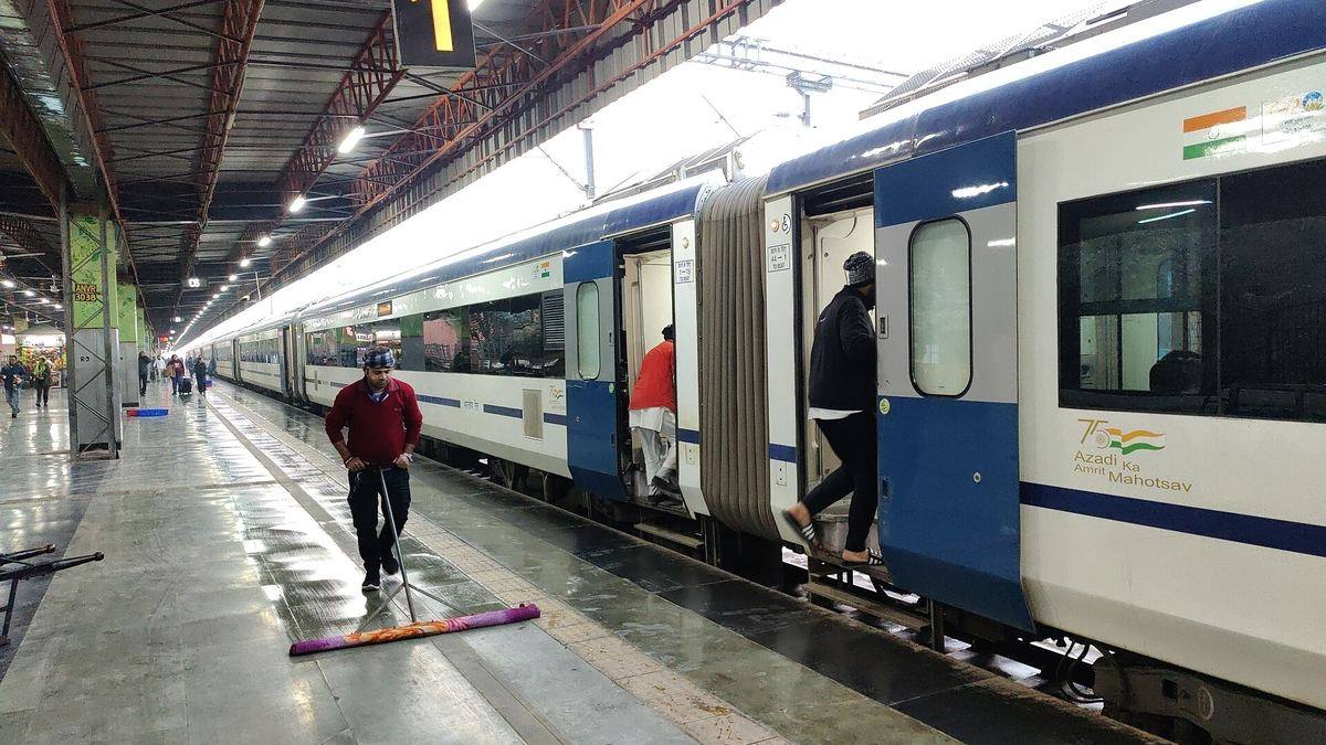 A Vande Bharat Express train at a railway platform